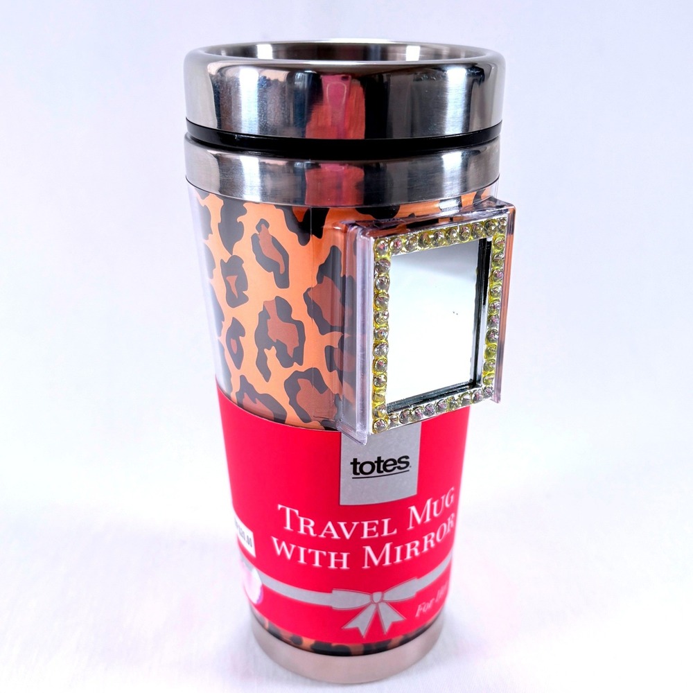 Totes Travel‎ Mug Womens 14oz Orange Leopard Good Rhinestone Mirror Animal Print